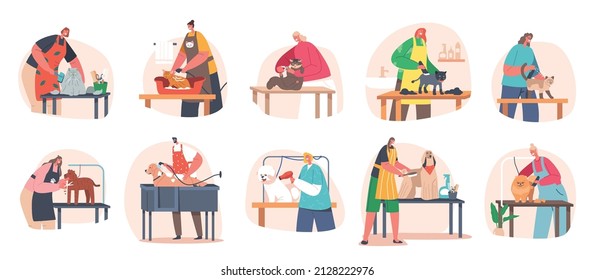 Set of Hairdressers Characters Care of Dogs and Cats Cutting Wool, Washing, Drying and Combing in Salon for Pets. Groomers Service Specialists Working with Animals. Cartoon People Vector Illustration