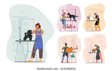 Set of Hairdressers Characters Care of Dogs Cutting Wool and Talons, Drying and Combing in Salon for Pets. Groomers Service Specialists Working with Animals. Cartoon People Vector Illustration