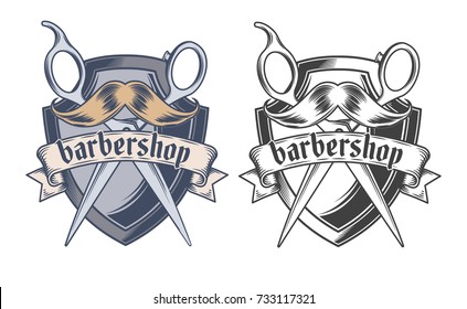 Set hairdressers scisors with mans mustache, ribbon and shield, engraved vector isolated on white background. Hairdressing tool or equipment illustration for barber shop emblem in retro style