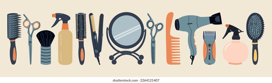 Conjunto de accesorios para peluquería. Secador de pelo, cepillo de pelo, cuchilla de afeitar, tijeras y diferentes herramientas profesionales para la barbería. Ilustración vectorial de color dibujada a mano aislada en el fondo de color. 