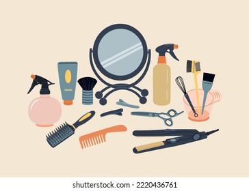 Set of hairdressing accessories. Mirror, hairbrush, scissors, straightener and different professional tools for barbershop. Hand drawn flat vector illustration isolated on color background.