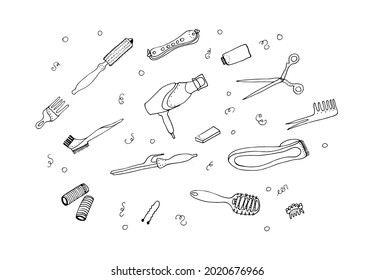 A set of hairdressing equipment. Doodle composition. Hand-drawn hair dryer, comb, curlers, scissors, clipper, illustration converted to vectors.