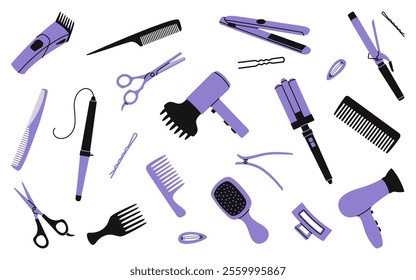 Set of hairdressing and hair styling tools, including combs, scissors, hairdryers and curling irons