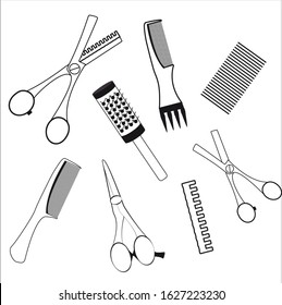 Set hairdressing related symbols. Hairdressing equipment. Design elements of beauty salons and hair salons. Vector.