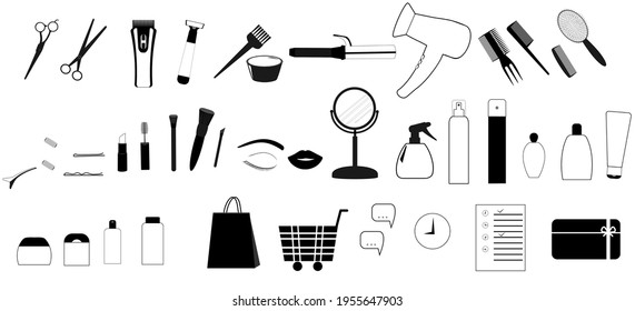 A set of hairdressing tools, accessories for haircuts and hairstyles. Collection of hair care items with hair dryers, combs, curlers, hairpins, brushes, bottles and purchase symbols