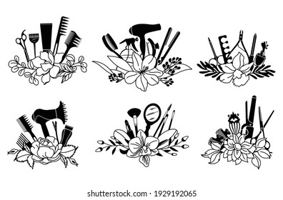 Set of hairdressing tools with flower. Collection of items for the salon with a floral wreath. Vector illustration for hairdressing salons. Logo design. Tattoo.