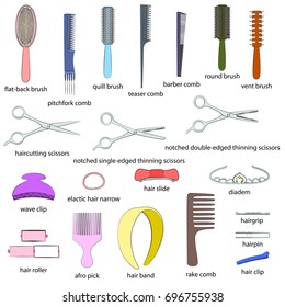 Set of hairdressing tools illustrations. White background, colored objects, black outline, names. Isolated images for your design. Vector