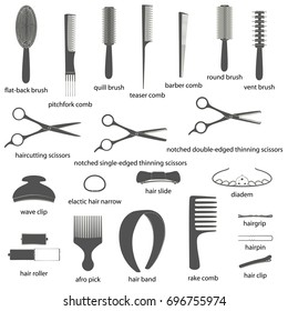 Set of hairdressing tools illustrations. White background, gray objects, names. Isolated images for your design. Vector