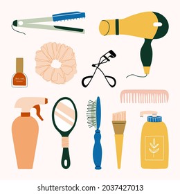 Set of hairdressing tools, manicure, makeup and cosmetic beauty products. Hair flat iron, hairdryer, comb, shampoo, hand mirror, brush, spray, eyelash curler, scrunchies and nail polish illustration.