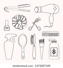 Set of hairdressing tools, manicure, makeup and cosmetic beauty products. Hair flat iron, hairdryer, comb, shampoo, hand mirror, brush, spray, eyelash curler, scrunchies and nail polish illustration.