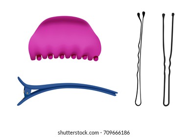 Set of hairdressing tools vector illustration isolated on white background, hair pin, bobby pin. Accessories 