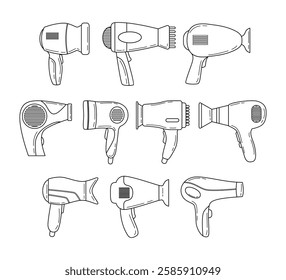 Set of hairdryer doodle outline collection for hairdresser salon with cartoon style, barbershop or home usage. Electric barber tool for drying hair, Blow Dryer icon, vector illustration.