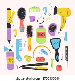 Set of hairing styling kit. Combs, hair dryer, accessories, straightener and etc. Flat vector illustration.