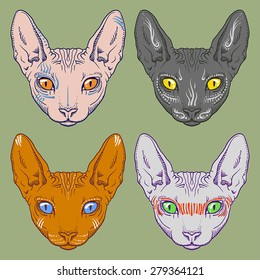 Set of hairless sphinx cat face graphics, outline black and white