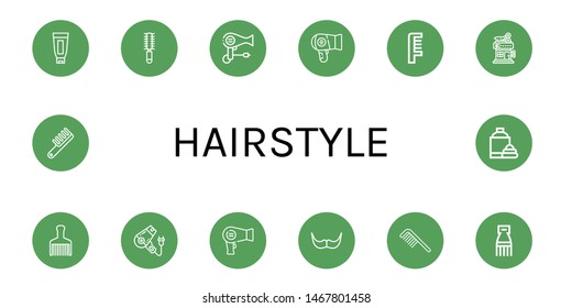 Set of hairstyle icons such as Shaving cream, Hair brush, Hair dryer, Comb, Barbershop, Moustache , hairstyle