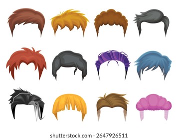Set of Hairstyle man, Colorful hair style set for barber and hair cut logo and men portrait modern fashion long hair, short hair, curly salon hairstyles, vector hairstyle silhouette.