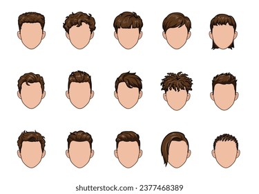 Set of Hairstyle man, Hair style set for barber and hair cut logo and men portrait modern fashion long hair, short hair, curly salon hairstyles, vector hairstyle silhouette.