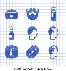 Set Hairstyle for men, Blade razor, Baldness, Human hair follicle, Oil bottle, Shaving gel foam and Gel wax styling icon. Vector
