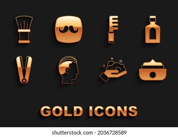Set Hairstyle for men, Bottle of shampoo, Gel wax hair styling, Shaving foam on hand, Curling iron, Hairbrush,  and Barbershop icon. Vector
