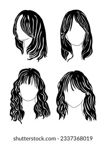 Set of hairstyles with bangs, silhouettes of stylish women's haircuts for long hair vector illustration