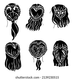 Set of hairstyles from braids woven in the shape of a heart, silhouettes of hairstyles for girls and women vecor illustration