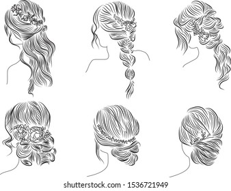 Set of hairstyles. Bridal hairdo. 