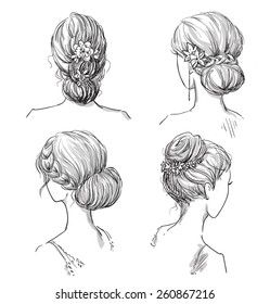 set of hairstyles. Bridal hairdo. Hand drawn.