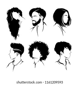 Set of hairstyles. Collection of black silhouettes of hairstyles.