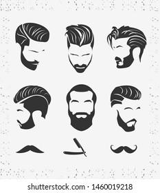 Set Of Hairstyles For Men And Pomade Style. Collection Of Black Silhouettes Of Hairstyles And Beards. 