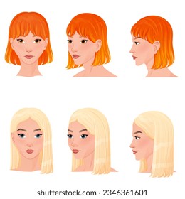 Set of hairstyles in three different angles.  Different view front, profile, three-quarter of a girl face.
