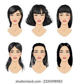 Set of hairstyles for woman, six different styles of hairdressing for short and long hair, vector illustration, eps10