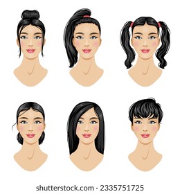 Set of hairstyles for woman, six different styles of hairdressing for short and long hair, vector illustration, eps10