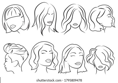 Set of hairstyles for women. Collection of stylized of hairstyles for girls. Set of female haircuts. Vector illustration of fashionable hairstyles. Linear art.