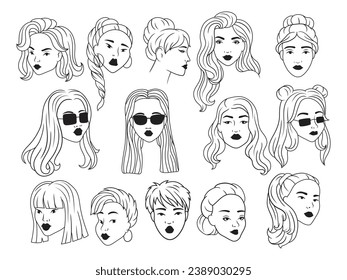 Set of hairstyles for women. Collection of stylized of hairstyles for girls. Set of female haircuts. Vector illustration of fashionable hairstyles. Linear art.