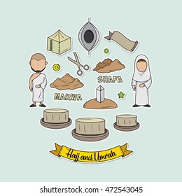 Set of hajj and umrah isolated hand drawn style cartoon. Vector illustration