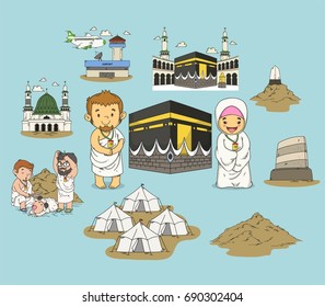 Set of hajj and umrah isolated hand drawn style cartoon. Vector illustration