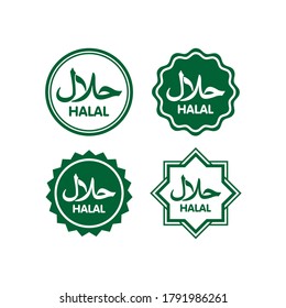 Set of Halal Food Label Illustration Design, Green Halal Sign with Outlined Style Template Vector