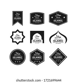 Set of halal food products labels, badges and logo design. Vector Halal sign certificate tag.