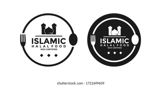 Set of halal food products labels, badges and logo design. Vector Halal sign certificate tag.