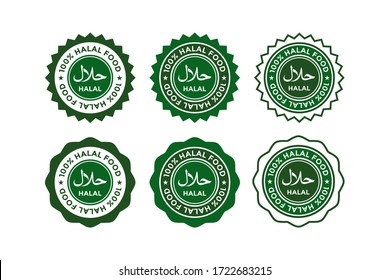 Set Of Halal Food Products Labels, Badges And Logo Design. Vector Halal Sign Certificate Tag.