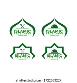 Set of halal food products labels, badges and logo design. Vector Halal sign certificate tag.