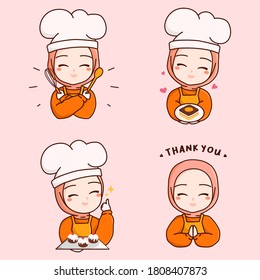 Set halal homemade logo template elements with muslim cute woman chef with hijab holding dessert box, bakery, cake, kitchen tools and saying thank you for your order illustration