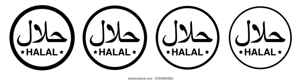 Set of halal logo icons in circular design with different line thickness. Islamic certification symbols for halal food, packaging and restaurant labels. Black and white vector illustration.