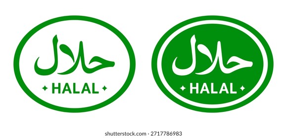 Set of halal logos and icons in oval shape representing certified food and beverage products. Simple green vector design for packaging, product labels and restaurant branding.