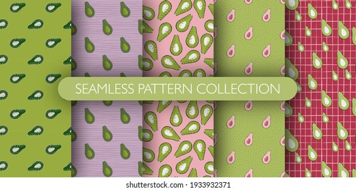 Set of half avocado doodle patterns. Minimalistic fruit organic backdrop collection. Designed for wallpaper, textile, wrapping paper, fabric print. Vector illustration.