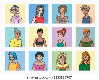 Set of half body avatars redhead, blonde and brunette adult women different styles over colored squares. Vector illustration isolated on white background.