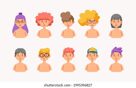 set of half body character figure boy and girl with different hairstyles and color. used for avatar, profile picture and other