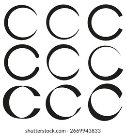Conjunto de semicírculos. Símbolos de curva negra. Vector de Formas de arco Abstractas. Gráfico de línea minimalista. EPS 10.