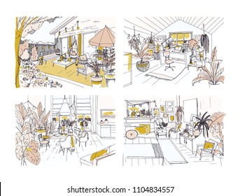 Set of half colored freehand sketches of cozy apartment furnished in Scandinavian hygge style. Bundle of rooms full of stylish furniture. Modern home interior design. Hand drawn vector illustration