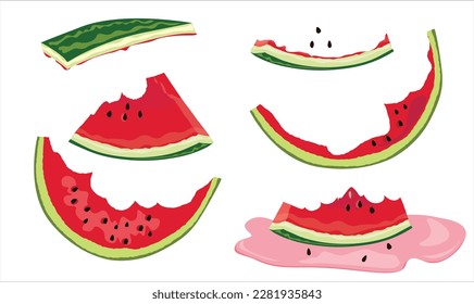 Set of half eaten watermelon slices vector illustration. Watermelon rind. Leftovers of watermelon slices. Organic garbage which is decomposable. Cartoon styled vector isolated on white background.